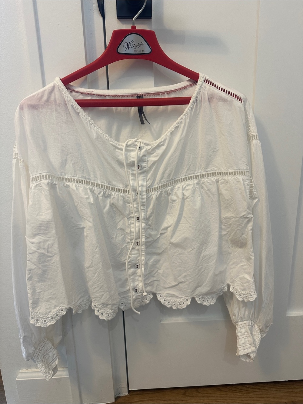 Anthropologie White Eyelet Button-Front Peasant Top